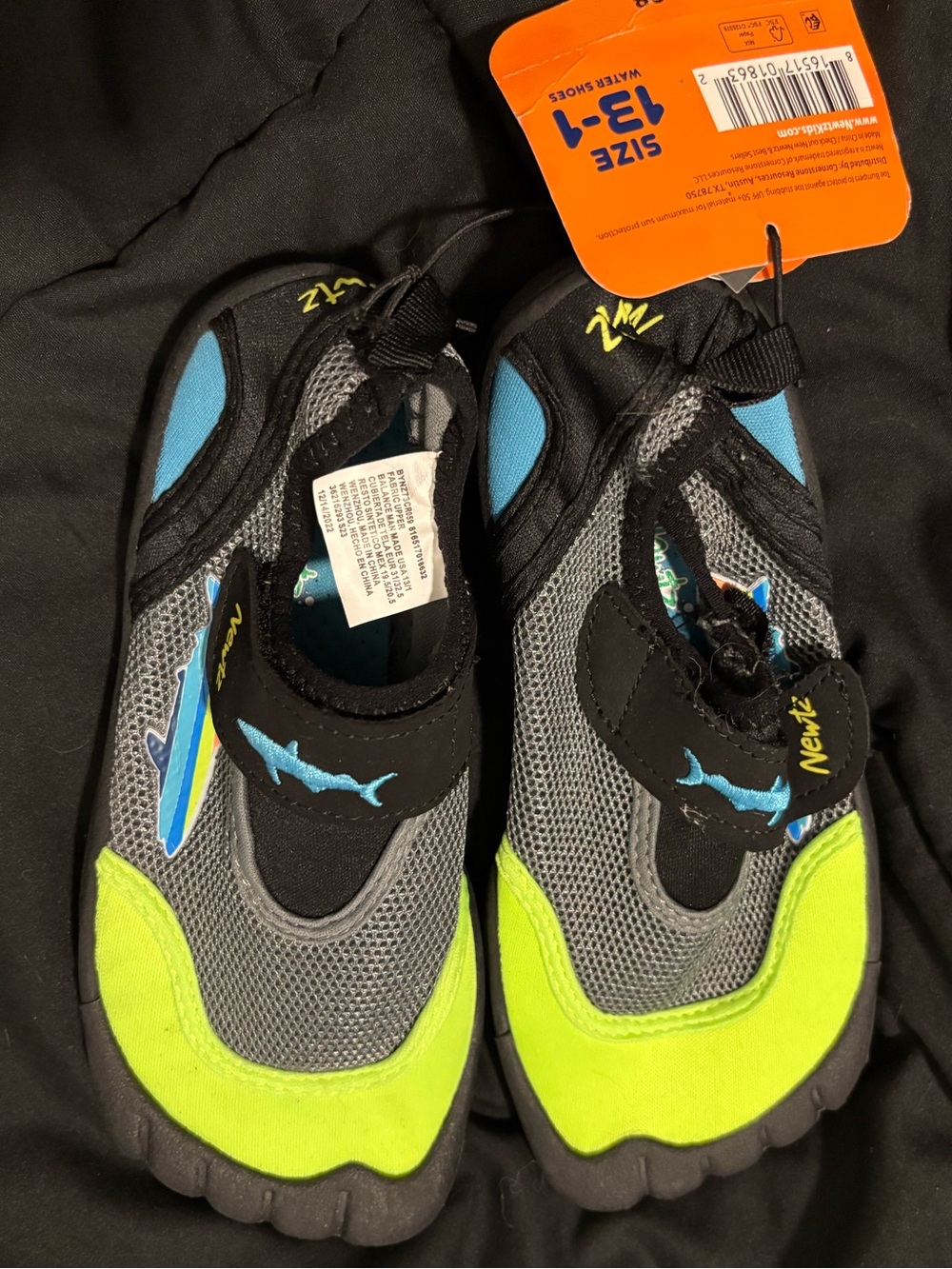 Neon Green Blue Gray Kids Water Shoes with Shark Accent
